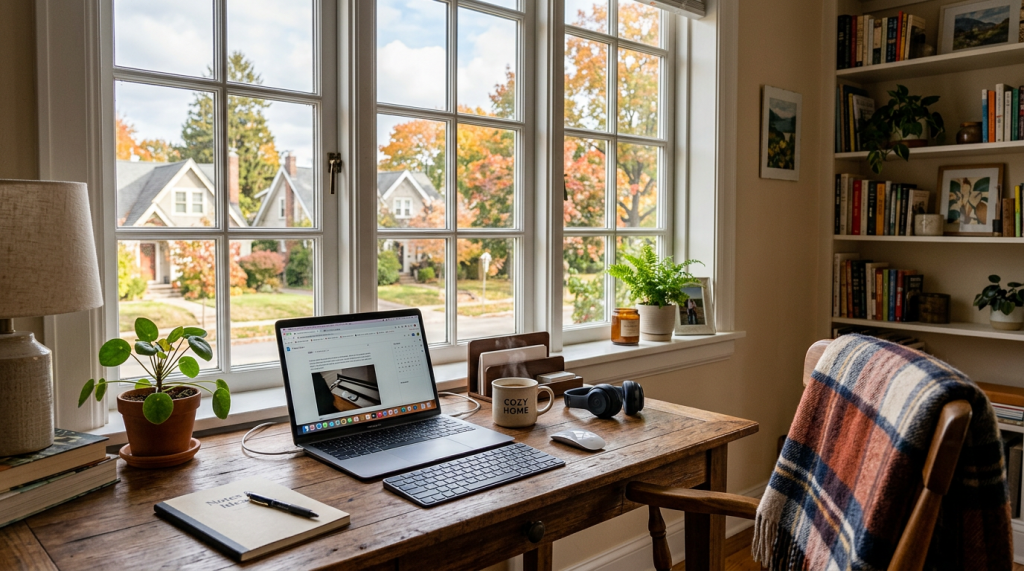 Wooden desk with laptop, keyboard, mouse, mug, notebook, plants, and plaid blanket near window showing autumn trees