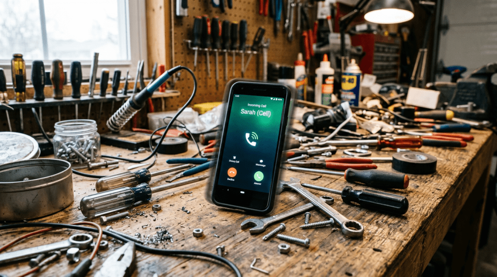 Smartphone showing incoming call from Sarah on a workbench with tools and screws