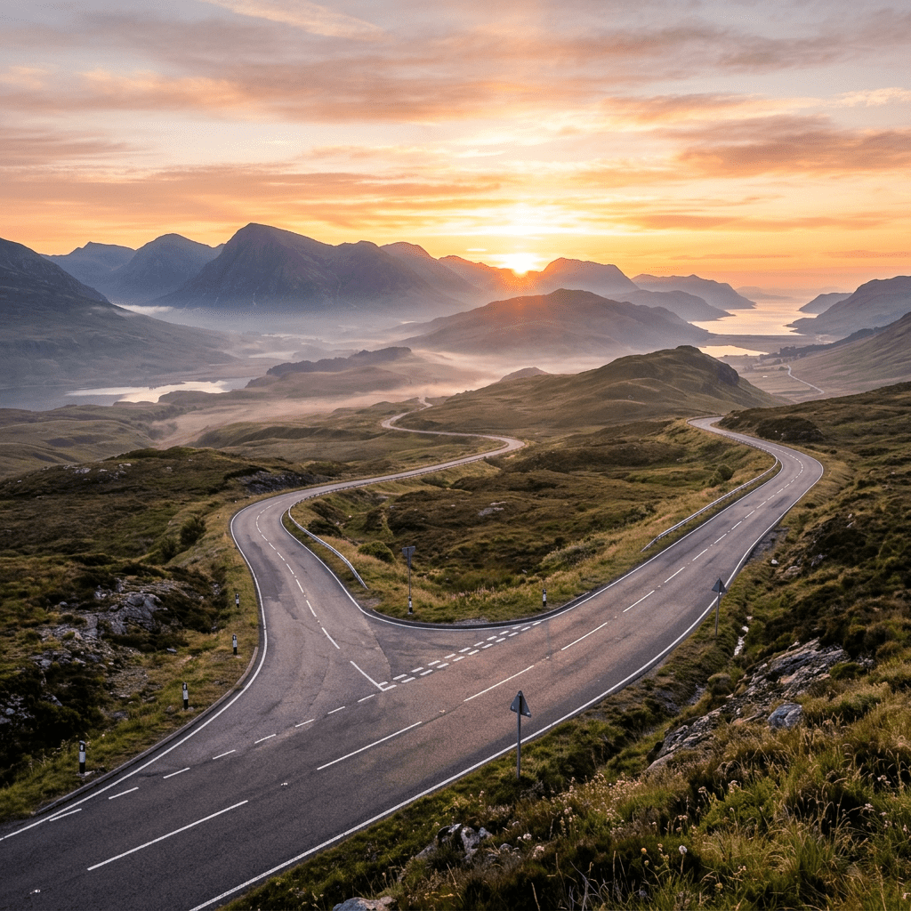 Winding mountain road dividing into two paths at sunrise with mist and hills