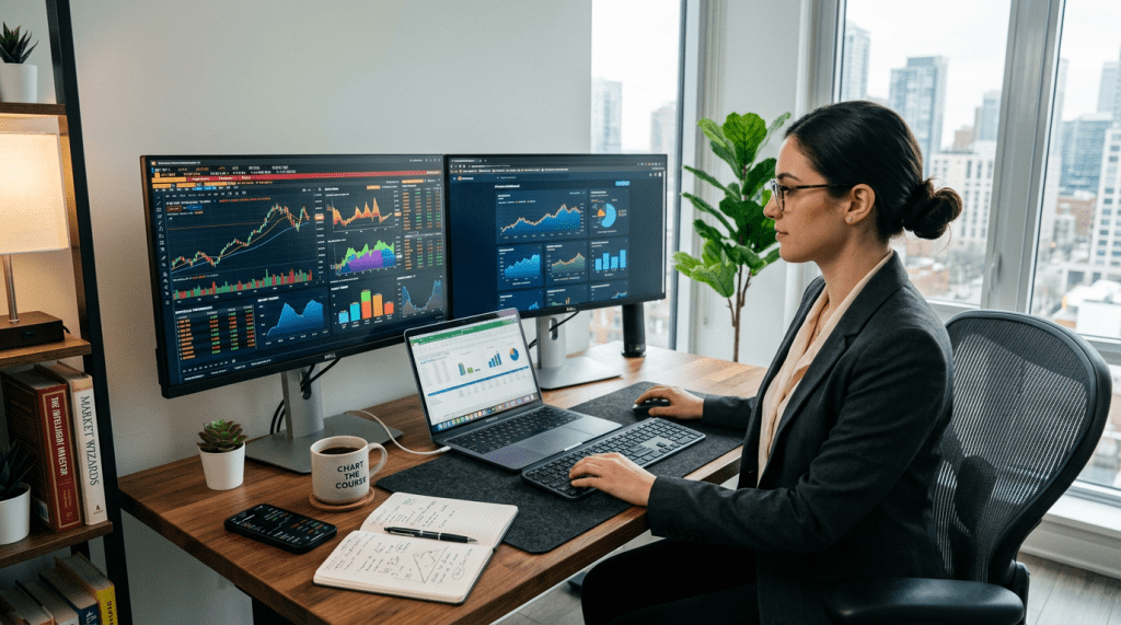 Woman in business attire using a computer with financial charts on dual monitors and laptop