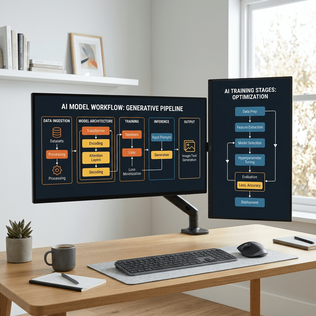 Two computer monitors showing AI model generative pipeline and training optimization flowcharts