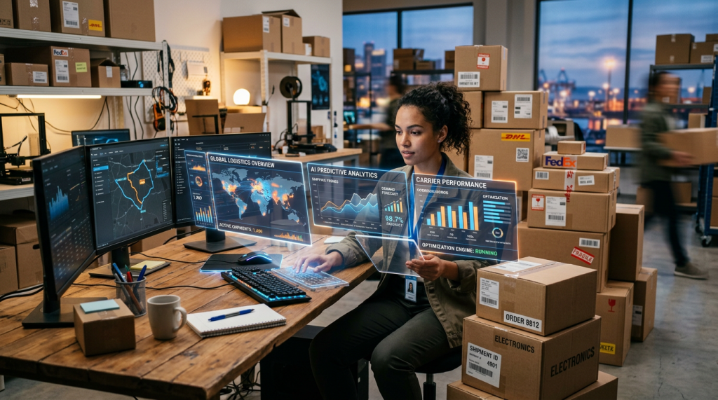 Woman using computer with logistics and carrier performance analytics in warehouse with stacked boxes
