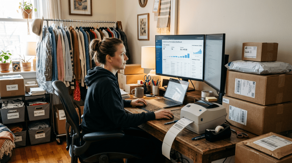 Woman working on ecommerce business with dual monitors, clothing rack, and shipping boxes