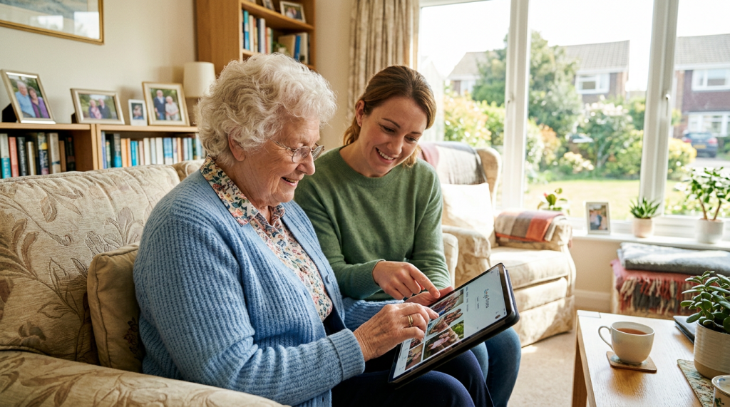 Young woman helping elderly woman navigate tablet showing photo gallery