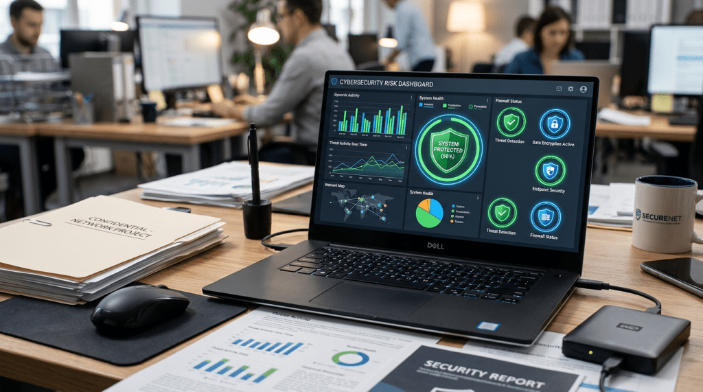 Laptop showing cybersecurity risk dashboard with system health, firewall status, and threat activity charts