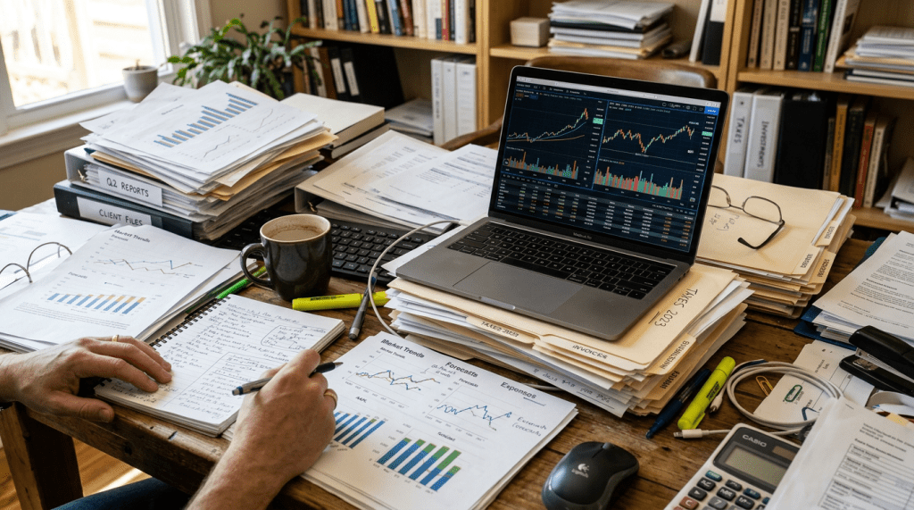 Desk cluttered with financial charts, reports, and laptop displaying stock market graphs