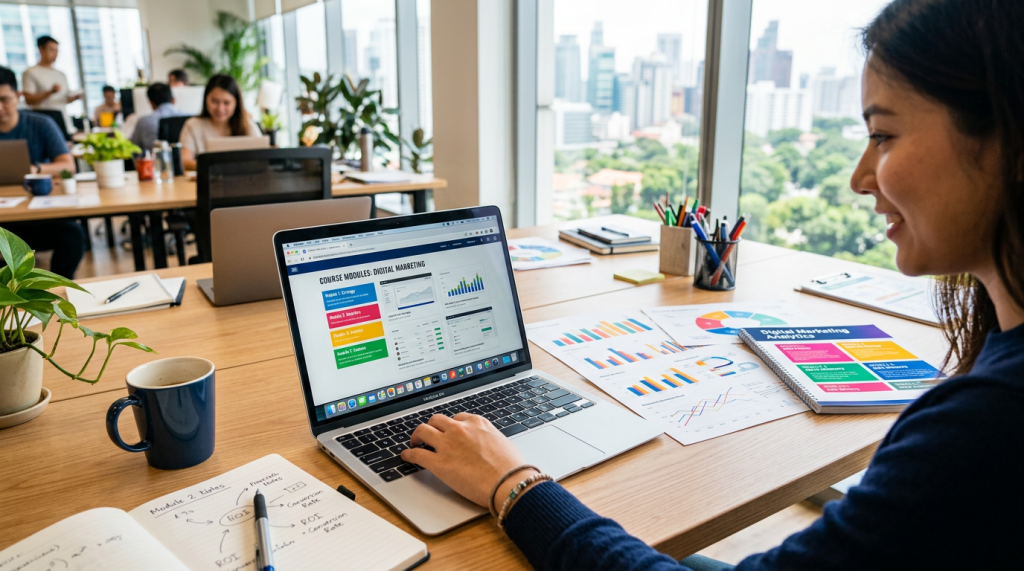 Person working on laptop with digital marketing course content and charts on desk