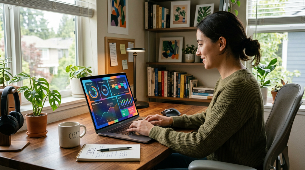 Woman working on laptop showing colorful data analytics dashboards at wooden desk