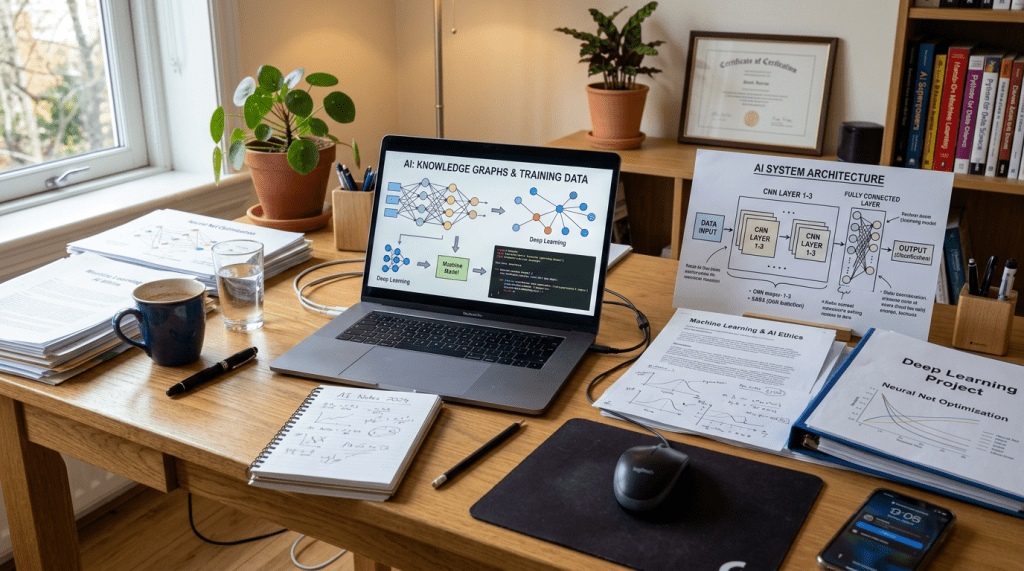 Laptop displaying AI knowledge graphs and code, surrounded by AI project documents