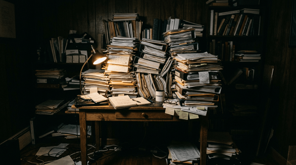 Desk crowded with numerous stacks of papers, folders, notebooks, and a desk lamp illuminating the clutter