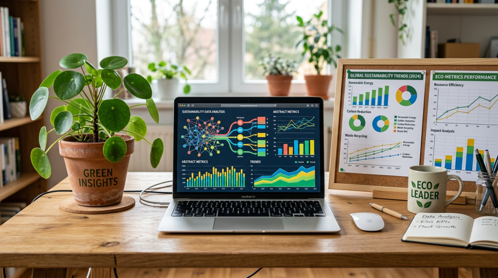 Laptop displaying sustainability data visualizations with potted plants and eco charts on a desk
