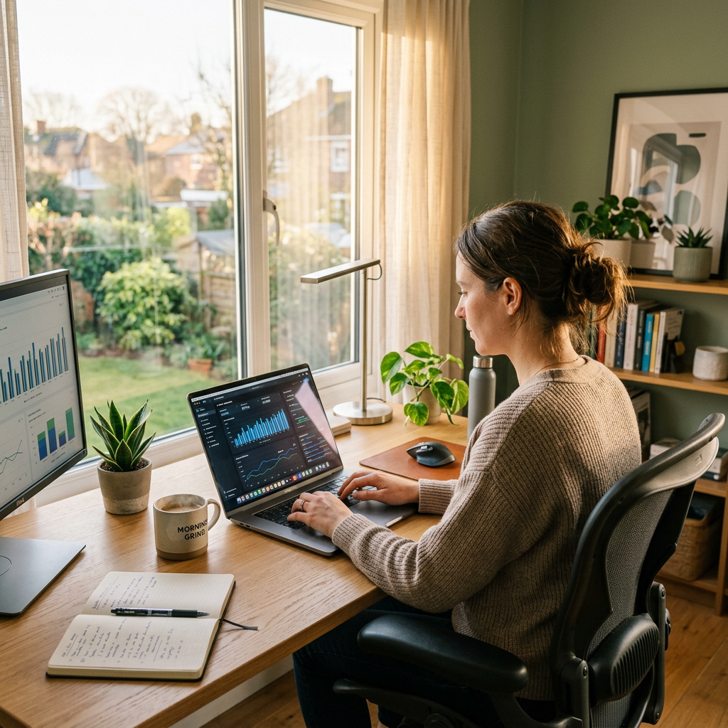 Woman using laptop and desktop with data charts in a home office by window