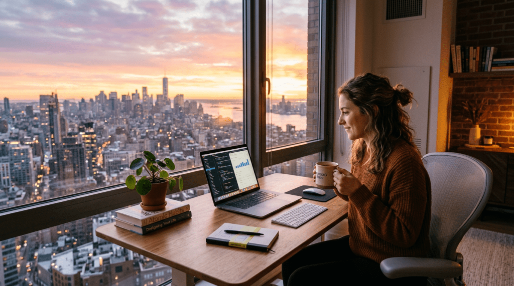 Woman sitting at a desk with laptop, holding a mug, overlooking city skyline at sunset.