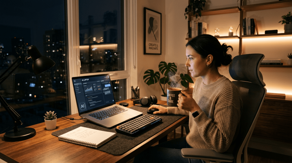 Woman coding on laptop at desk with coffee cup in home office at night