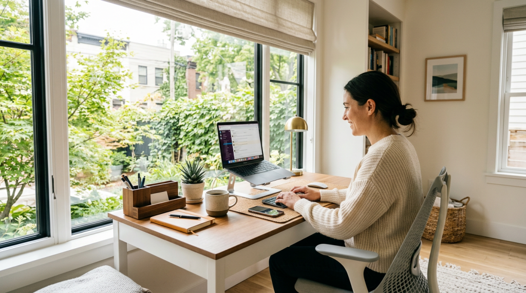 Woman typing on a laptop at a desk with a plant, notebook, and mug near large windows showing greenery