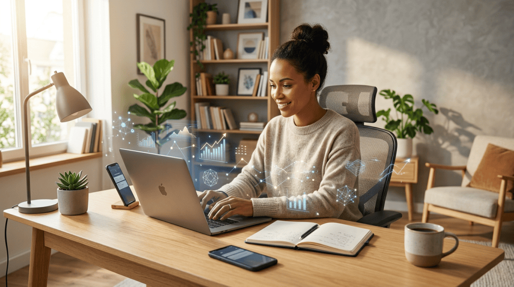 Professional woman working on a laptop at home with digital data graphics