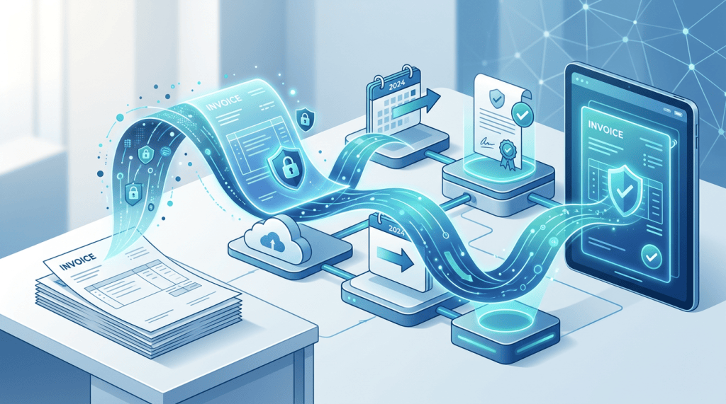 Paper invoice transforming into secure digital document